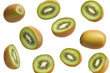 Fototapeta premium Falling kiwi fruit and kiwi cut in half isolated on a transparent background. cut out in PNG format for graphic design, isolated on a white background.