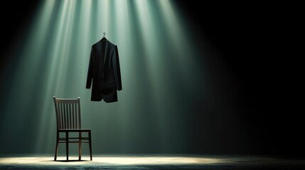 A stark scene featuring a hanging suit above an empty chair, illuminated by dramatic lighting, evoking intrigue and contemplation.