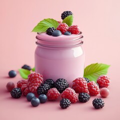 Fresh yogurt with a medley of red and blue berries, a delicious and healthy breakfast or snack