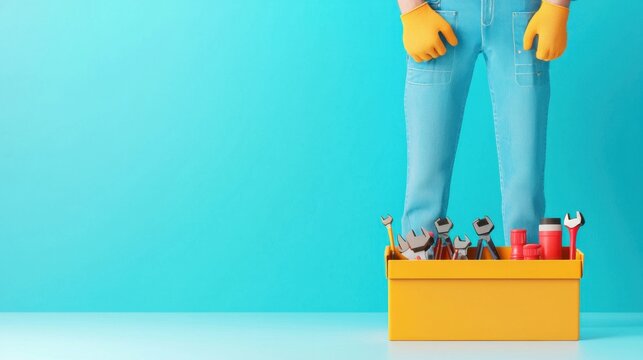 A craftsman standing over a toolbox filled with various tools, showcasing a vibrant background perfect for DIY projects.