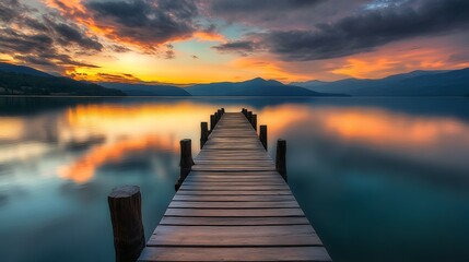 Obraz premium Tranquil Sunset on a Mountain Lake with a Wooden Pier