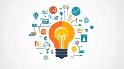 A digital infographic of a light bulb with various icons around it, illustrating different aspects of a new concept