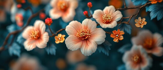 Spring Awakening: Delicate Pink Cherry Blossoms Against a Blue Floral Backdrop.