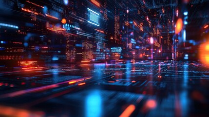 A futuristic digital landscape with glowing lines and data streams.