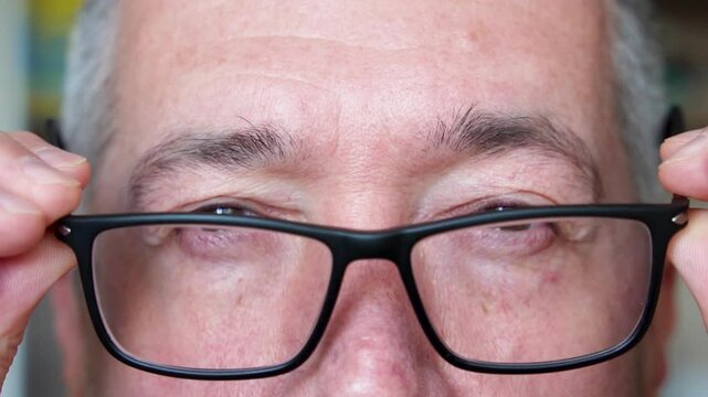 A man puts on glasses with black plastic frames to see better
