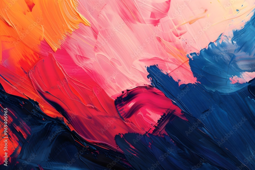 Poster abstract painting with dynamic strokes of red, blue, and pink, creating a bold and vibrant textured 