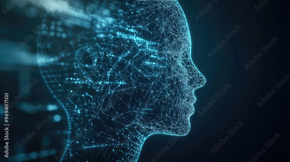 Poster a digital wireframe head with streams of data entering, representing the power of data in decision-m