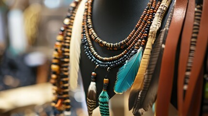 A display of tribal-inspired necklaces with feathers, beads, and leather cords, showcasing ethnic and cultural designs -