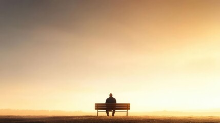 Fototapeta premium A solitary figure sitting on a bench, gazing at a serene sunset, embodying peace, reflection, and tranquility in nature.