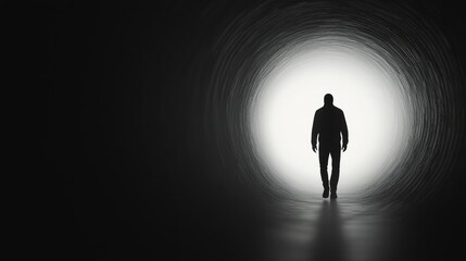 Obraz premium A silhouette of a person walking towards a bright light in a dark tunnel, symbolizing hope and new beginnings.