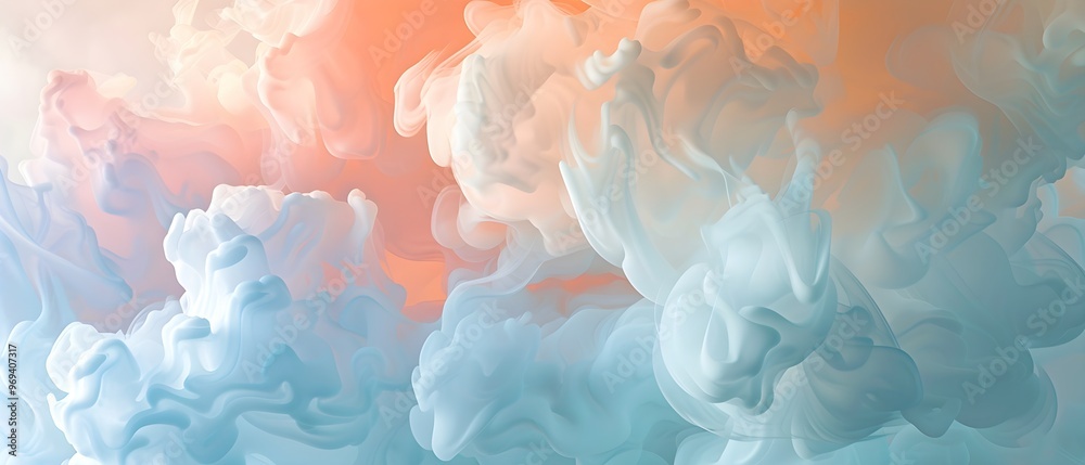 Poster ethereal abstract design with flowing, cloud-like shapes in soft pastel tones of blue and peach, evo
