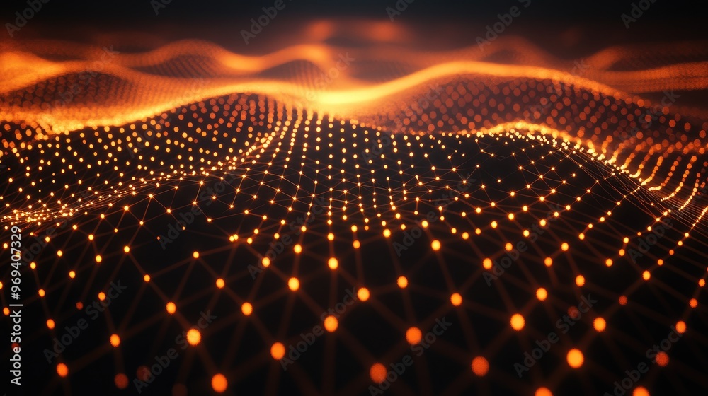 Poster a dynamic 3d grid with glowing nodes and connecting lines, illustrating a digital network and data c