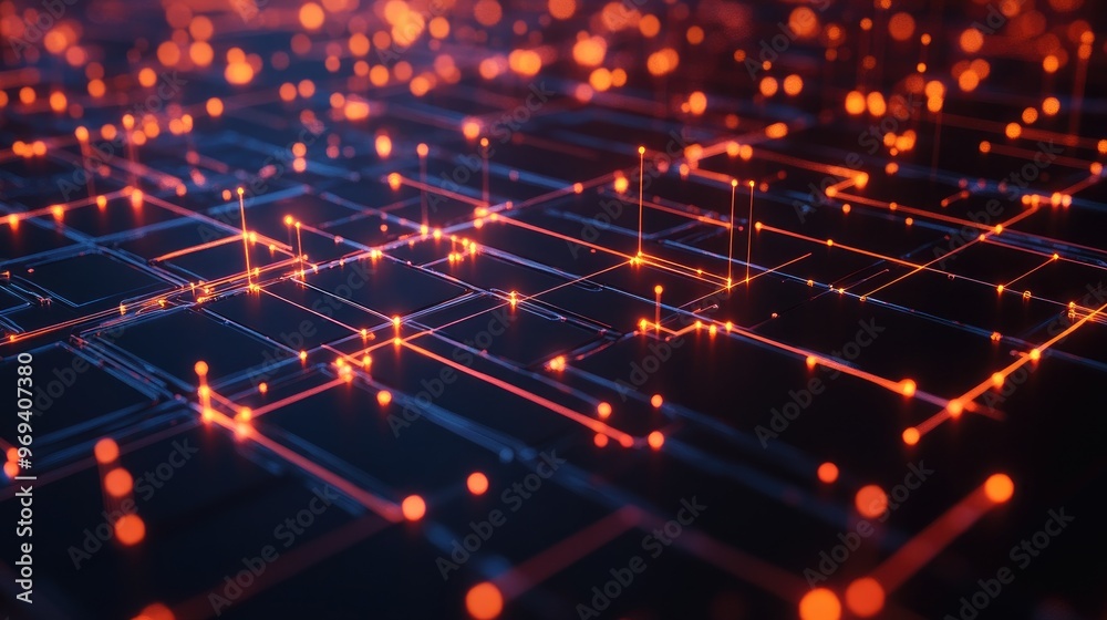 Poster a dynamic 3d grid with glowing nodes and connecting lines, illustrating a digital network and data c