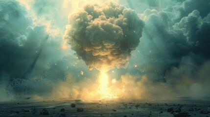 Obraz premium Dramatic image capturing the massive awe inspiring explosion of a nuclear or atomic blast creating an iconic mushroom cloud that illuminates the surrounding stormy turbulent skies with an intense