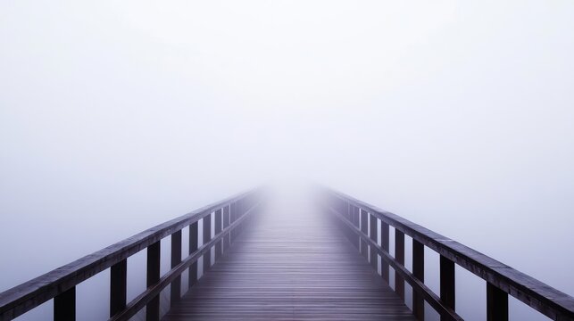 A serene wooden bridge disappearing into thick fog, evoking a sense of mystery and tranquility in a minimalist landscape.