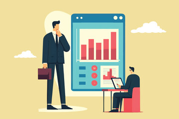 illustration of a business leader standing next to a large tablet, watching his colleagues review financial reports and sales charts