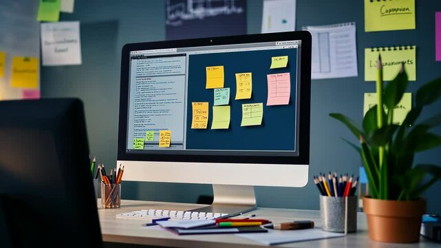 Creative workspace with colorful sticky notes on a computer screen and organized desk in a modern office setting