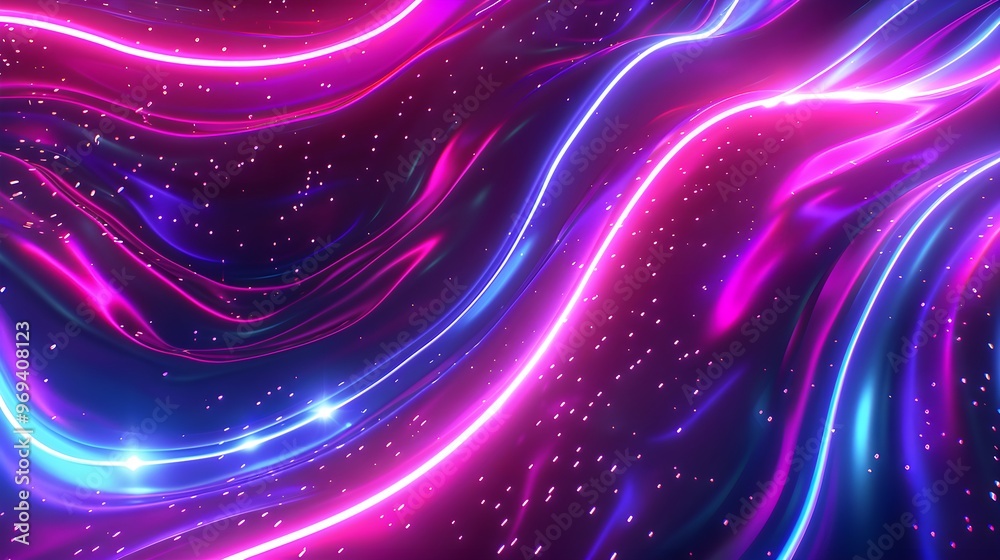 Poster abstract image of flowing neon light waves in vibrant pink, blue, and purple, enhanced with sparklin