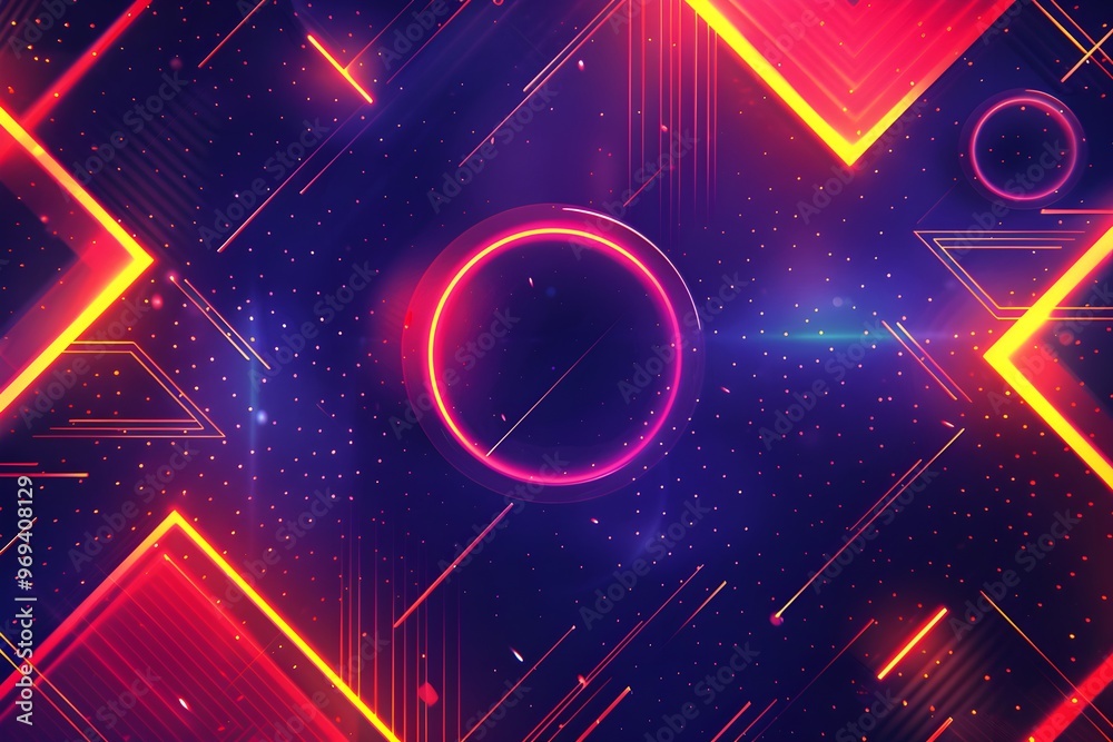 Aufkleber abstract design featuring neon geometric shapes, glowing lines, and vibrant colors on a dark backgro