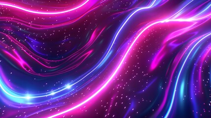 Abstract image of flowing neon light waves in vibrant pink, blue, and purple, enhanced with sparkling particles, creating a futuristic and dynamic scene.