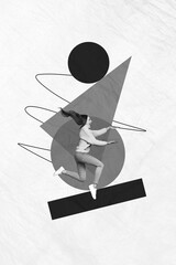 Composite trend artwork sketch image photo collage of monochrome picture young person hand jump...