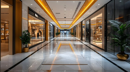 A modern shopping mall corridor with elegant lighting and storefronts.