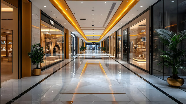 A modern shopping mall corridor with elegant lighting and storefronts.
