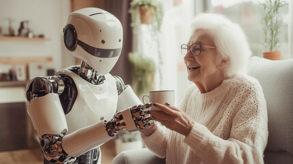 A humanoid robot helps an elderly woman by offering a drink, showcasing advanced caregiving technology and companionship in a home setting.