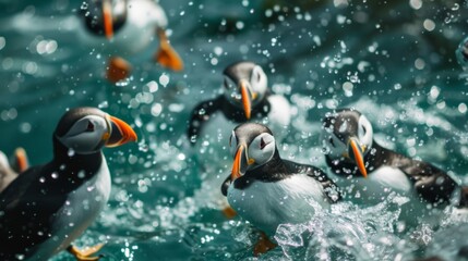 Colorful puffins splash and swim in clear blue water, showcasing their playful nature and vibrant feathers.
