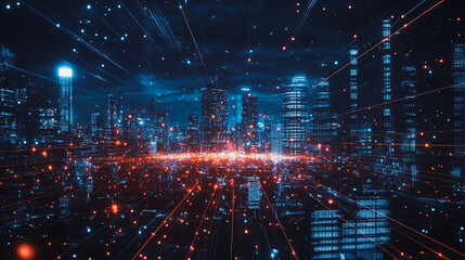 Fototapeta premium Smart digital city with connection cyber security network reciprocity over the cityscape . future smart wireless digital city and social media networking systems that connects people within the city