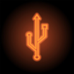 USB simple icon vector. Flat design. Orange neon on black background