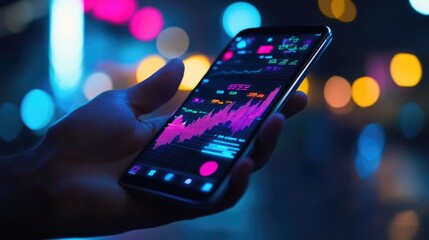 A hand holding a smartphone displaying a digital data graph, symbolizing mobile data usage and analytics