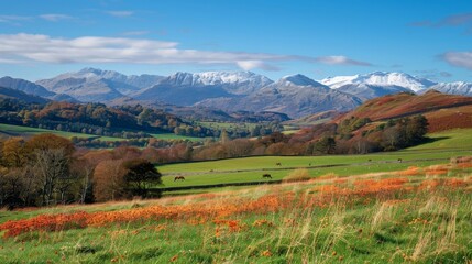 Naklejka premium Breathtaking Mountain View with Lush Green Fields and Tiny Flowers