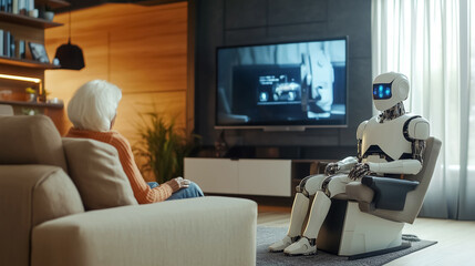 A humanoid robot engages in a conversation with an elderly woman in a modern home, demonstrating advanced AI companionship and caregiving technology.