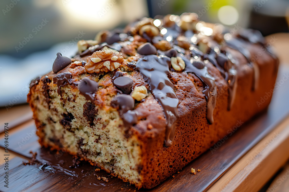 Wall mural a delicious loaf cake topped with chocolate drizzle and walnuts, showcasing a tempting dessert.