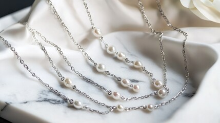 A layered necklace featuring pearls and silver chains draped on a marble surface, exuding a luxurious and classic style