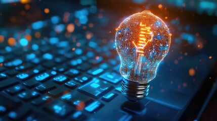 A light bulb made of pixels on a computer screen, symbolizing digital creativity and innovation in programming