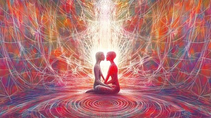 Ethereal Meditation Ritual:Couple Immersed in Vibrant Energetic Glow of Consciousness and Inner