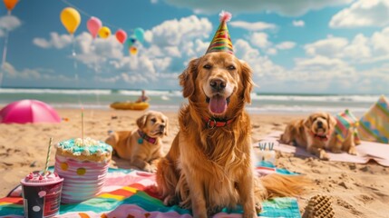 Golden retrievers celebrate with party hats on a sunny beach, enjoying treats and balloons in a joyful summer scene.