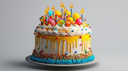 Colorful Birthday Cake with Candles and Sprinkles on a Gray Background