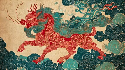 Obraz premium Majestic Red Dragon in Ethereal Chinese Painting Style