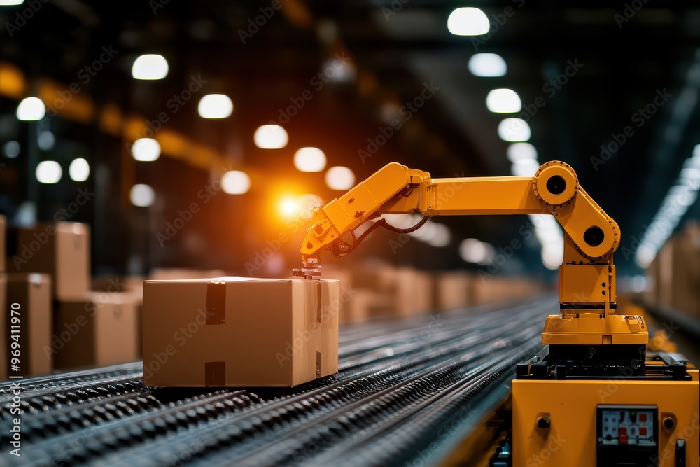 Poster Automated robotic arm handling packages on a conveyor belt in a modern warehouse with advanced technology and efficient logistics.