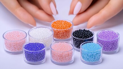 Glass beads for handmade jewelry, close-up of artistic hands, delicate crafting, colorful assortment, unique jewelry design, creativity