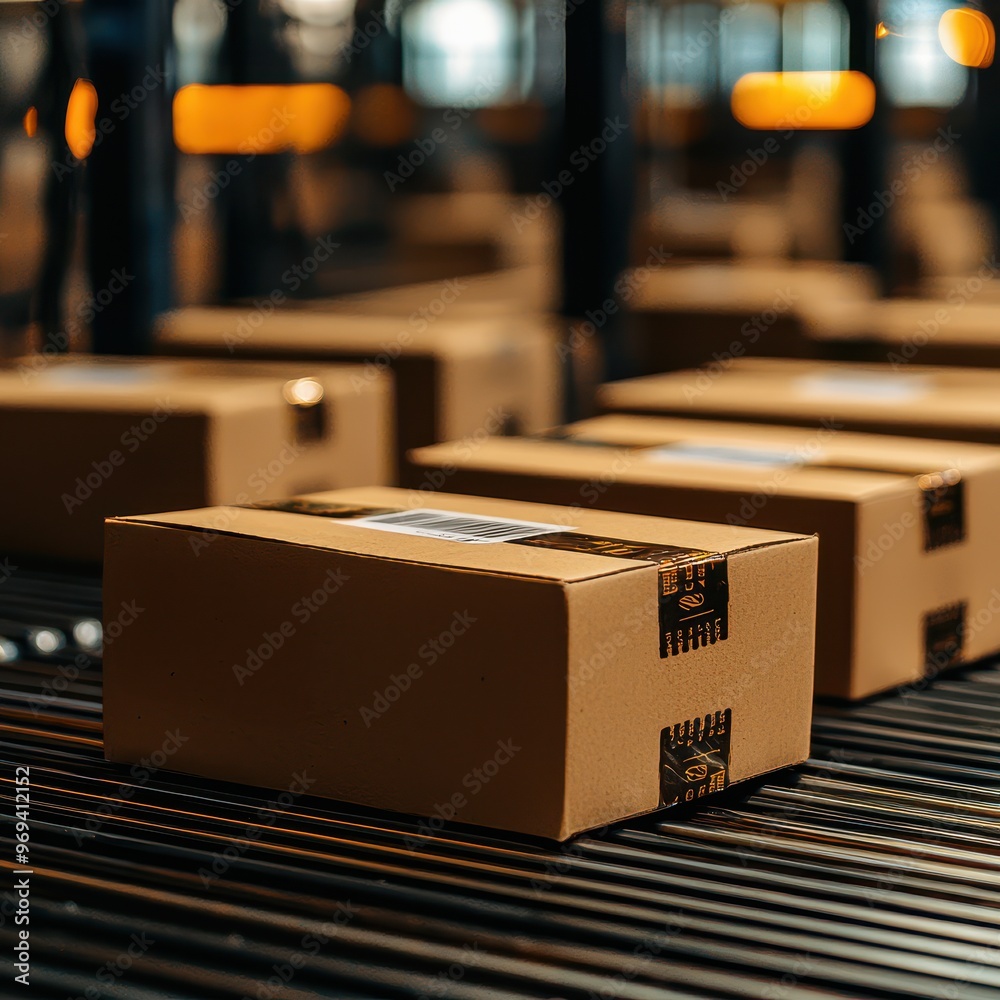 Poster conveyor belt with multiple cardboard packages ready for shipping in a distribution center, reflecti