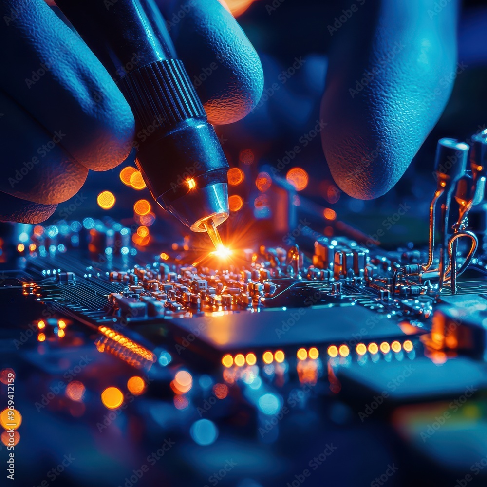 Poster Close-up of hands working on a microchip with a soldering iron, showcasing the intricate details of electronic circuit board assembly.