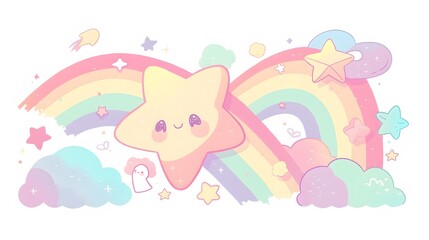 Cute Cartoon Rainbow with Stars and Clouds Illustration