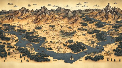 Vector design of a detailed map of a fictional fantasy land with intricate lines stylized mountains rivers and forests evoking the spirit of adventure and exploration