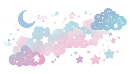 Cute Pastel Cloud Stars Moon Dreamy Background Illustration