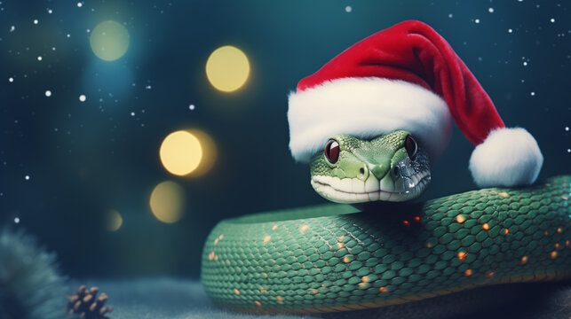 green snake in santa claus hat on light pink background, christmas bokeh background