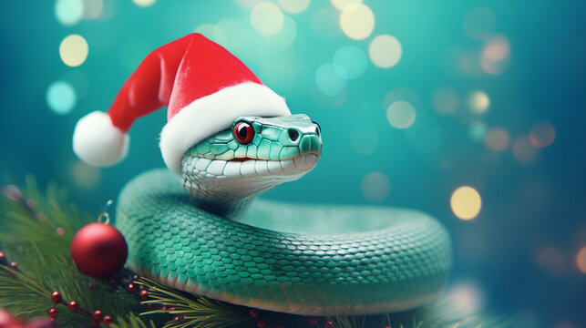 green snake in santa claus hat on light pink background, christmas bokeh background